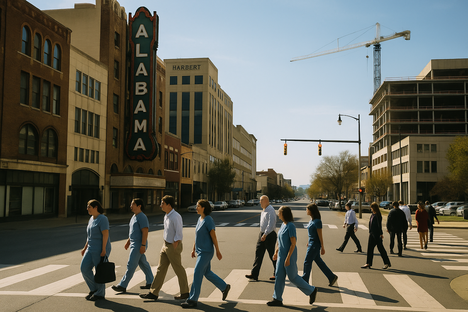 Editorial composite: healthcare workers in scrubs and office professionals crossing a downtown Birmingham street past the Alabama Theatre, with a construction crane working on a new building beyond