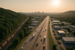 Editorial composite: an interstate corridor and parallel freight rail line carrying traffic through central Alabama ridges toward the Birmingham core, with warehouses and industrial buildings along both sides