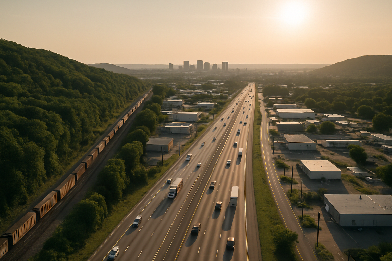 Editorial composite: an interstate corridor and parallel freight rail line carrying traffic through central Alabama ridges toward the Birmingham core, with warehouses and industrial buildings along both sides
