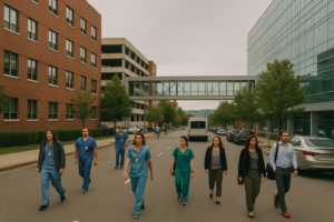 Clinicians in scrubs and office workers crossing a wide street through Birmingham's medical and research district, between brick hospital pavilions and a glass research building linked by a skybridge