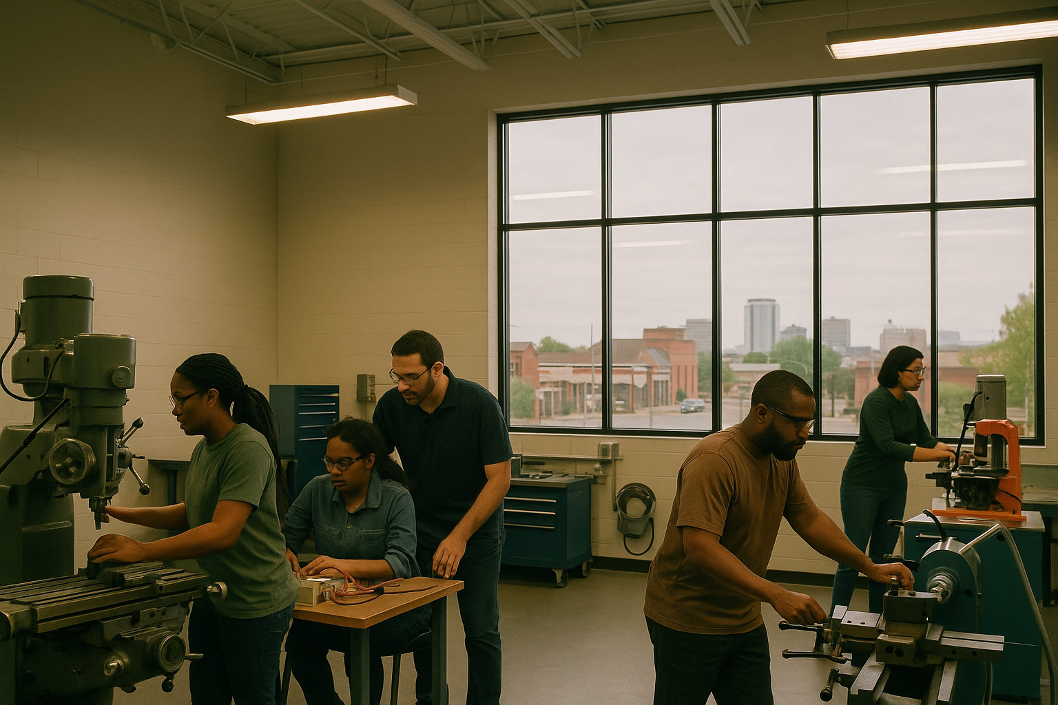 Adults working on industrial machine tools and electronics benches in a daylit workforce training lab, an instructor working alongside them, with an ordinary Birmingham street and the low city skyline visible through tall windows.