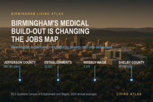Aerial view of Birmingham at golden hour showing the downtown skyline, wooded ridges and the medical and research campus, annotated with Jefferson County's 367,081 covered jobs, 22,923 establishments, $1,376 average weekly wage and Shelby County's 85,169 jobs.