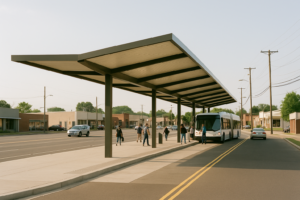 A covered bus rapid transit boarding platform with a long canopy and dedicated bus bay on a low-rise east Birmingham commercial street, riders boarding an articulated transit vehicle.