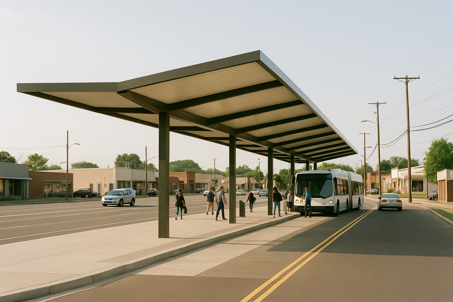 A covered bus rapid transit boarding platform with a long canopy and dedicated bus bay on a low-rise east Birmingham commercial street, riders boarding an articulated transit vehicle.