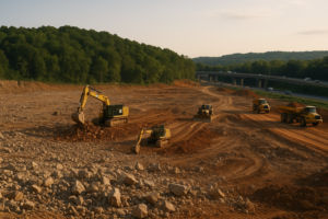 Excavators and haul trucks grading a wide rocky construction pad beside an interstate overpass, wooded ridge behind, red Alabama soil and broken rock in the foreground.