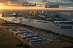 Editorial composite of the Memphis Digital Delta at golden hour, looking east across the Mississippi River: a data-center campus and substation on the Arkansas bank, the arch bridge, downtown Memphis with the riverfront pyramid, St. Jude's research campus, and the cargo airport beyond. Conceptual view of the regional system, not a literal photograph.