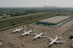 Editorial composite: an aerial over a Memphis air-cargo and freight operation, cargo aircraft and truck bays working beneath interstate and rail lines with the downtown skyline beyond
