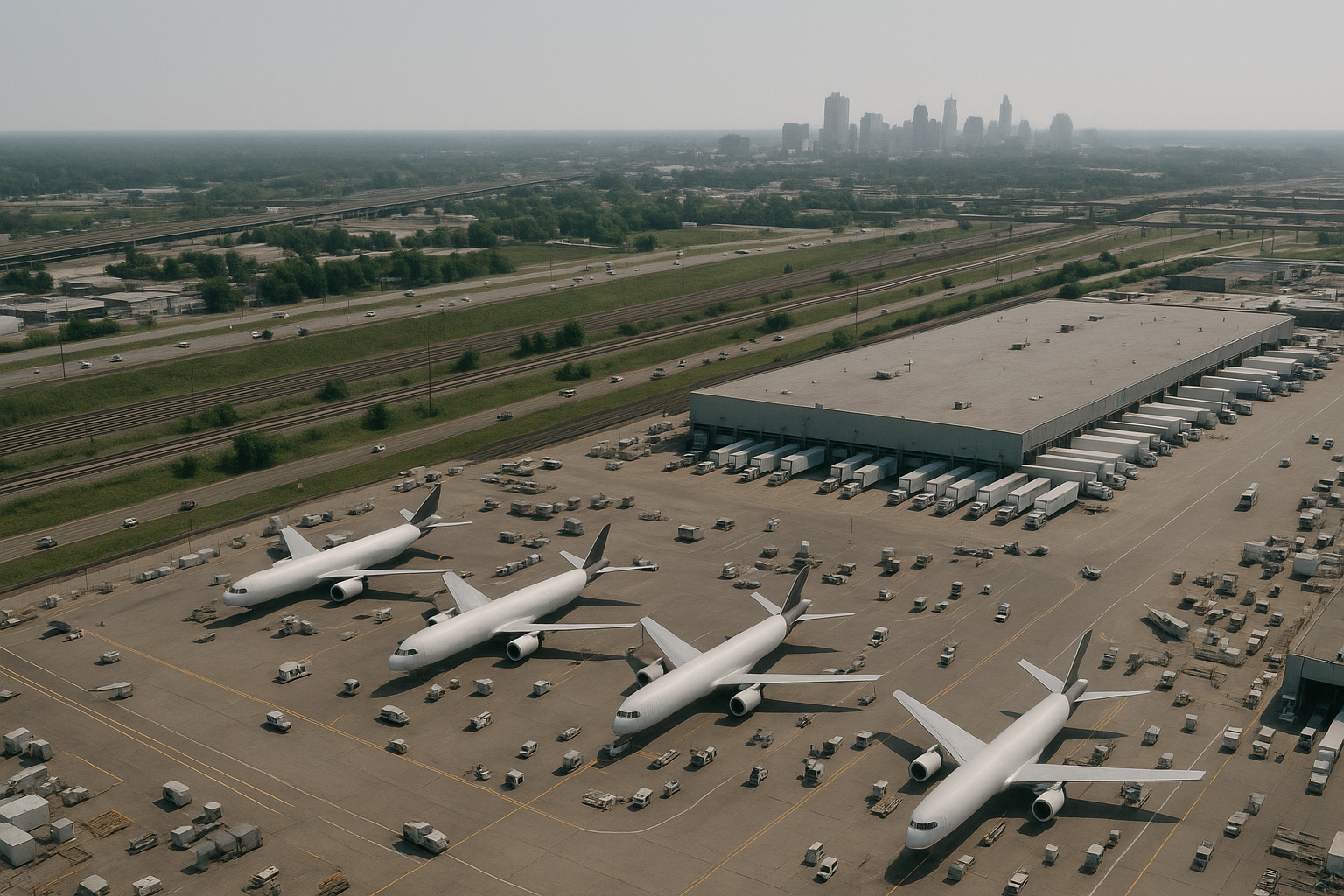 Editorial composite: an aerial over a Memphis air-cargo and freight operation, cargo aircraft and truck bays working beneath interstate and rail lines with the downtown skyline beyond