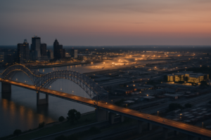 Editorial composite: dusk over Memphis, the Hernando de Soto bridge and downtown skyline above a working freight landscape of rail yards, container lots and warehouse rooftops, with a lit research campus among them