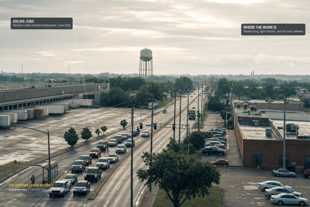 A Memphis employment corridor at shift change: a distribution warehouse with loading docks, a brick light-industrial building, traffic queuing at a signal and a water tower beyond. Annotated with Memphis metro nonfarm employment of 650,000 in June 2026.