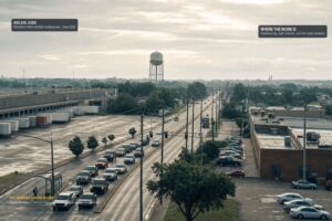 A Memphis employment corridor at shift change: a distribution warehouse with loading docks, a brick light-industrial building, traffic queuing at a signal and a water tower beyond. Annotated with Memphis metro nonfarm employment of 650,000 in June 2026.