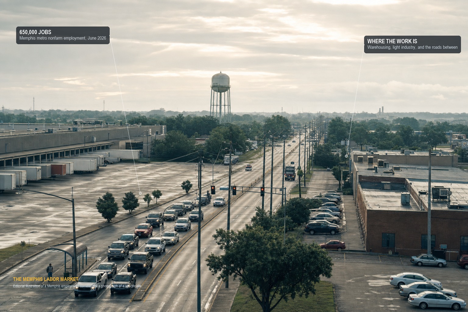 A Memphis employment corridor at shift change: a distribution warehouse with loading docks, a brick light-industrial building, traffic queuing at a signal and a water tower beyond. Annotated with Memphis metro nonfarm employment of 650,000 in June 2026.