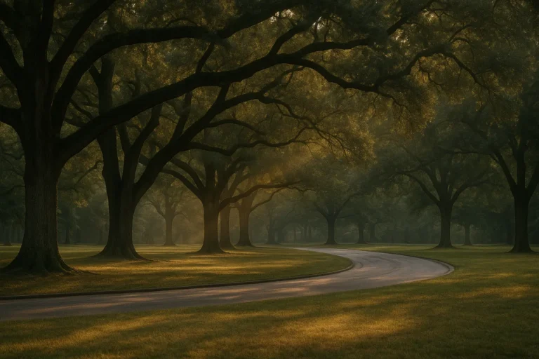 Golden-hour light raking through old-growth oaks in a large mid-South urban park, a paved drive curving away between the trunks.