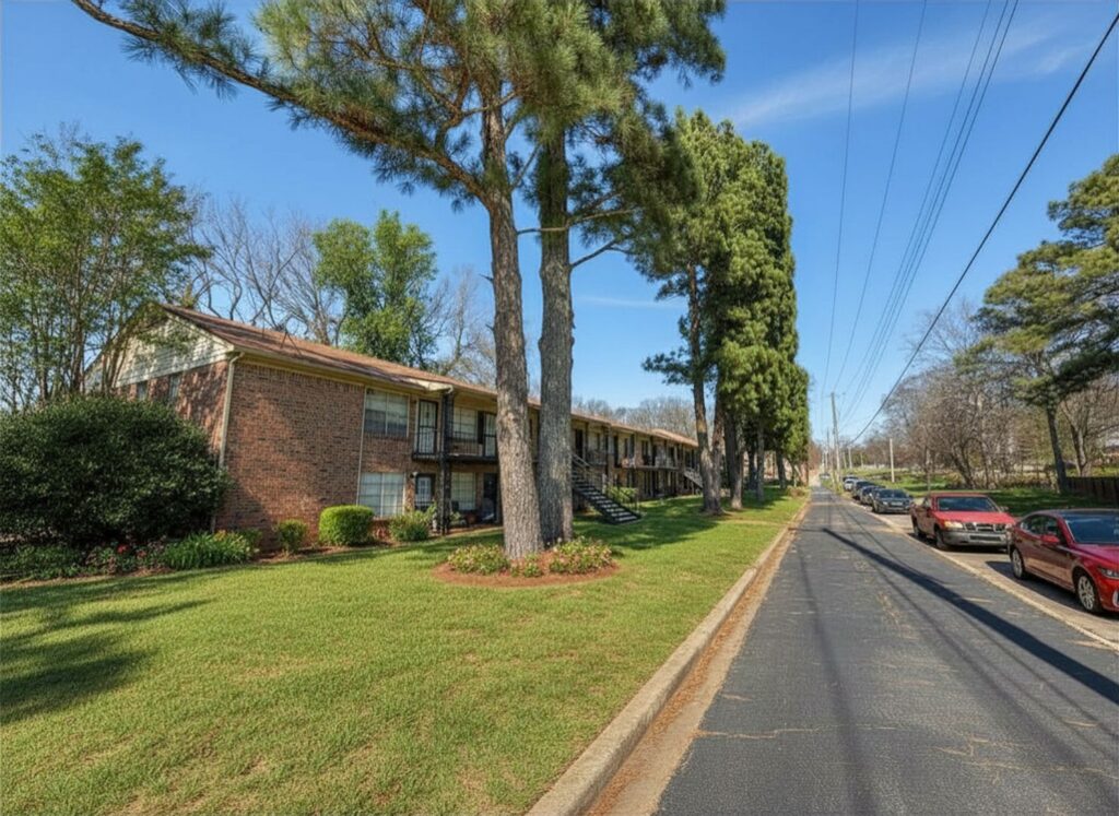 Exterior view of the two-storey brick apartment buildings at Raleigh Pines, 2799 Beverly Hills Road, Memphis TN 38128