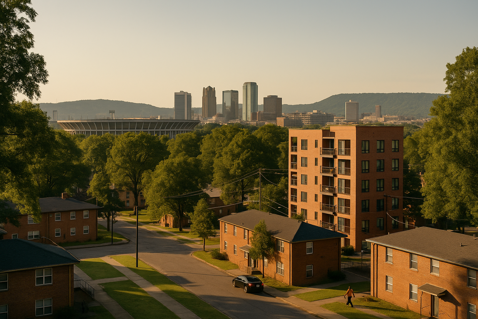 A west Birmingham neighborhood at golden hour: low brick housing blocks and mature trees with a new mid-rise brick apartment building among them, a large concrete stadium bowl beyond the rooftops, and downtown towers and Red Mountain on the horizon.