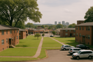 Mid-century red-brick walk-up apartment blocks with wide lawns, walkways, mature shade trees and surface parking, with Birmingham's downtown towers on the horizon.