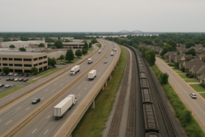 The corridor joining the Memphis core to DeSoto County. Show specifically: interstate and rail running side by side; employment district on one side, suburban growth on the other. Absolutely no readable text anywhere in the frame: no street signs, building signs, shop names, route numbers, banners, vehicle livery, logos or lettering of any kind. Every surface must be blank. Specificity must come from architecture, infrastructure, urban form and landscape, never from writing.