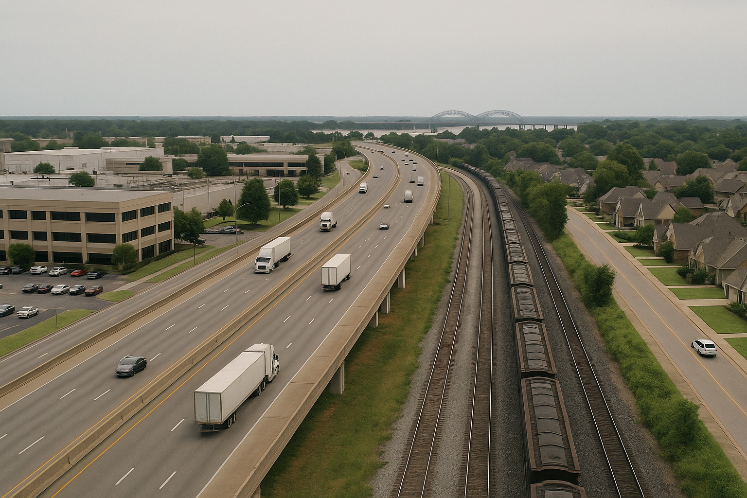 The corridor joining the Memphis core to DeSoto County. Show specifically: interstate and rail running side by side; employment district on one side, suburban growth on the other. Absolutely no readable text anywhere in the frame: no street signs, building signs, shop names, route numbers, banners, vehicle livery, logos or lettering of any kind. Every surface must be blank. Specificity must come from architecture, infrastructure, urban form and landscape, never from writing.