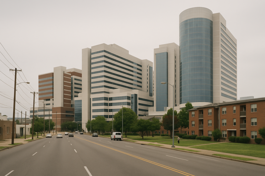Birmingham's largest employment concentration. Show specifically: large modern hospital and research towers on a wide urban street. Context visible around it: Smithfield Court and the Choice Neighborhood. Absolutely no readable text anywhere in the frame: no street signs, building signs, shop names, route numbers, banners, vehicle livery, logos or lettering of any kind. Every surface must be blank. Specificity must come from architecture, infrastructure, urban form and landscape, never from writing.
