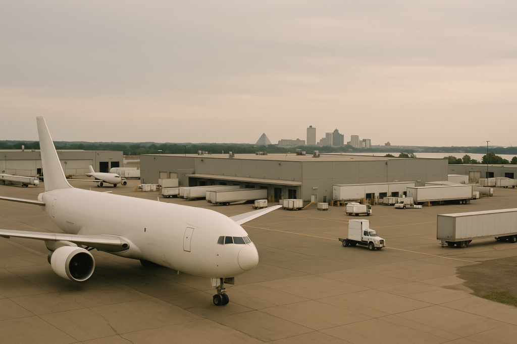 The air-cargo and freight complex that anchors Memphis. Show specifically: cargo aircraft and freight aprons; sorting facilities. Context visible around it: The Shelby-DeSoto state line. Absolutely no readable text anywhere in the frame: no street signs, building signs, shop names, route numbers, banners, vehicle livery, logos or lettering of any kind. Every surface must be blank. Specificity must come from architecture, infrastructure, urban form and landscape, never from writing.