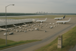 The air-cargo and freight complex that anchors Memphis. Show specifically: cargo aircraft and freight aprons; sorting facilities. Context visible around it: The Shelby-DeSoto state line. Absolutely no readable text anywhere in the frame: no street signs, building signs, shop names, route numbers, banners, vehicle livery, logos or lettering of any kind. Every surface must be blank. Specificity must come from architecture, infrastructure, urban form and landscape, never from writing.