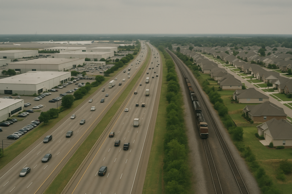 The corridor joining the Memphis core to DeSoto County. Show specifically: interstate and rail running side by side; employment district on one side, suburban growth on the other. Context visible around it: Memphis air cargo and logistics. Absolutely no readable text anywhere in the frame: no street signs, building signs, shop names, route numbers, banners, vehicle livery, logos or lettering of any kind. Every surface must be blank. Specificity must come from architecture, infrastructure, urban form and landscape, never from writing.
