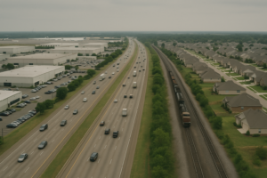 The corridor joining the Memphis core to DeSoto County. Show specifically: interstate and rail running side by side; employment district on one side, suburban growth on the other. Context visible around it: Memphis air cargo and logistics. Absolutely no readable text anywhere in the frame: no street signs, building signs, shop names, route numbers, banners, vehicle livery, logos or lettering of any kind. Every surface must be blank. Specificity must come from architecture, infrastructure, urban form and landscape, never from writing.