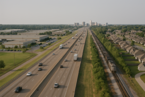 The corridor joining the Memphis core to DeSoto County. Show specifically: interstate and rail running side by side; employment district on one side, suburban growth on the other. Absolutely no readable text anywhere in the frame: no street signs, building signs, shop names, route numbers, banners, vehicle livery, logos or lettering of any kind. Every surface must be blank. Specificity must come from architecture, infrastructure, urban form and landscape, never from writing.