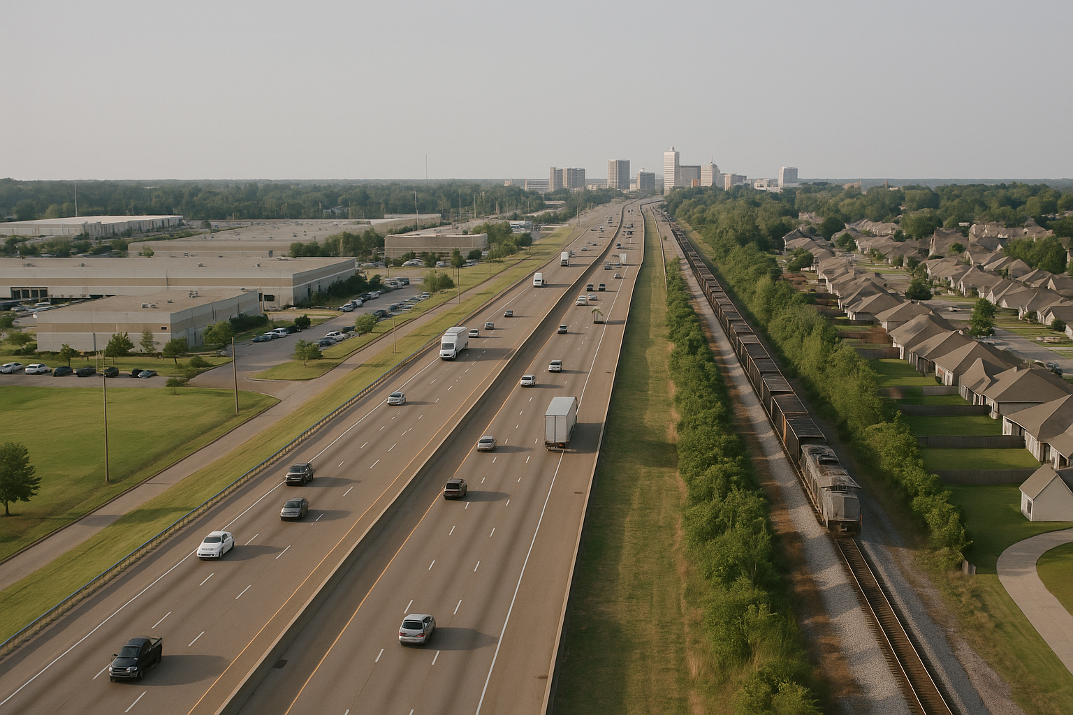 The corridor joining the Memphis core to DeSoto County. Show specifically: interstate and rail running side by side; employment district on one side, suburban growth on the other. Absolutely no readable text anywhere in the frame: no street signs, building signs, shop names, route numbers, banners, vehicle livery, logos or lettering of any kind. Every surface must be blank. Specificity must come from architecture, infrastructure, urban form and landscape, never from writing.