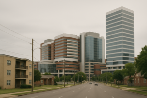 Birmingham's largest employment concentration. Show specifically: large modern hospital and research towers on a wide urban street. Context visible around it: Smithfield Court and the Choice Neighborhood. Absolutely no readable text anywhere in the frame: no street signs, building signs, shop names, route numbers, banners, vehicle livery, logos or lettering of any kind. Every surface must be blank. Specificity must come from architecture, infrastructure, urban form and landscape, never from writing.