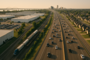The corridor joining the Memphis core to DeSoto County. Show specifically: interstate and rail running side by side; employment district on one side, suburban growth on the other. Absolutely no readable text anywhere in the frame: no street signs, building signs, shop names, route numbers, banners, vehicle livery, logos or lettering of any kind. Every surface must be blank. Specificity must come from architecture, infrastructure, urban form and landscape, never from writing.