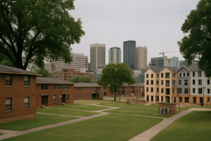 A mid-century public housing community being replaced with mixed-income housing. Show specifically: low two-storey brick blocks around grass courtyards; mature shade trees. Context visible around it: UAB medical and research district. Absolutely no readable text anywhere in the frame: no street signs, building signs, shop names, route numbers, banners, vehicle livery, logos or lettering of any kind. Every surface must be blank. Specificity must come from architecture, infrastructure, urban form and landscape, never from writing.