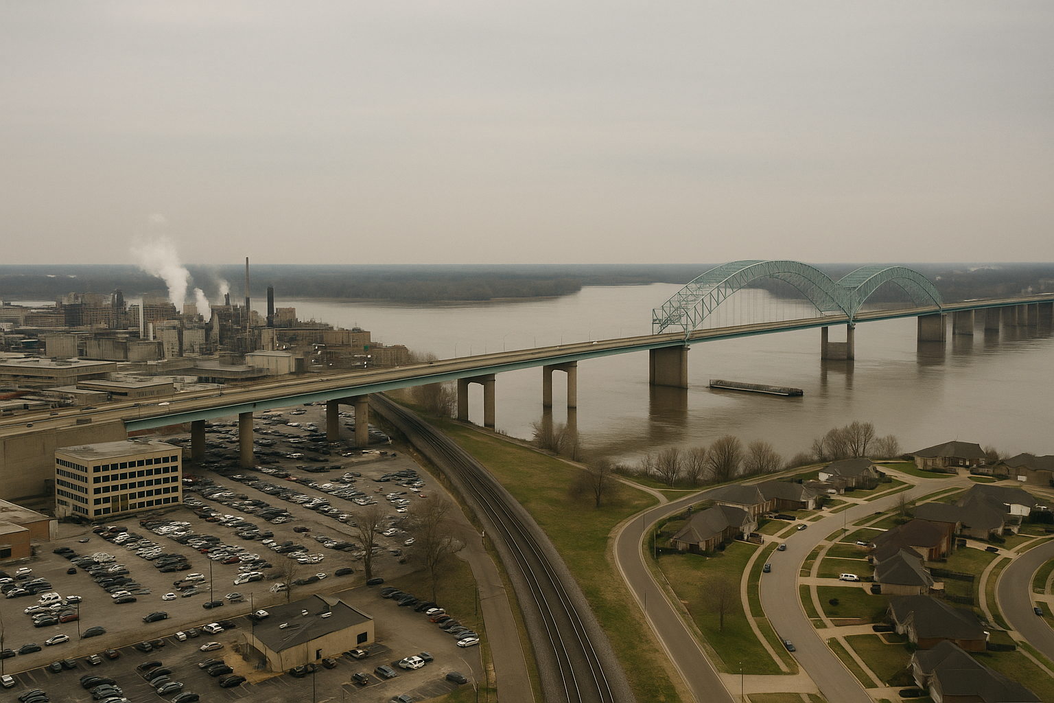 Aerial view of the bridge and rail line crossing the Mississippi River between the Memphis employment district, its parking lots full at midday, and the suburban county on the far bank.