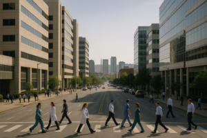 Healthcare staff in scrubs and lab coats and office workers crossing a wide street in Birmingham's medical and research district at shift change, with the downtown skyline and the ridge beyond.